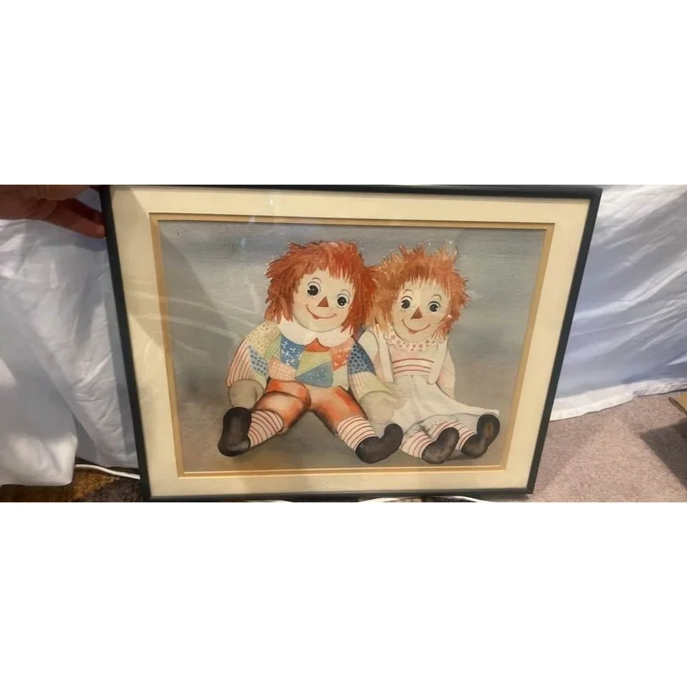 Vintage Raggedy Ann and Andy Framed Watercolor Print Nursery Wall Art 19x15